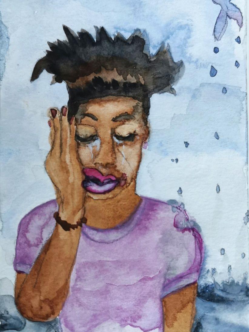 "Frau mit fliegenden Fisch" 272025, 20 x 10 cm, Aquarell auf Papier