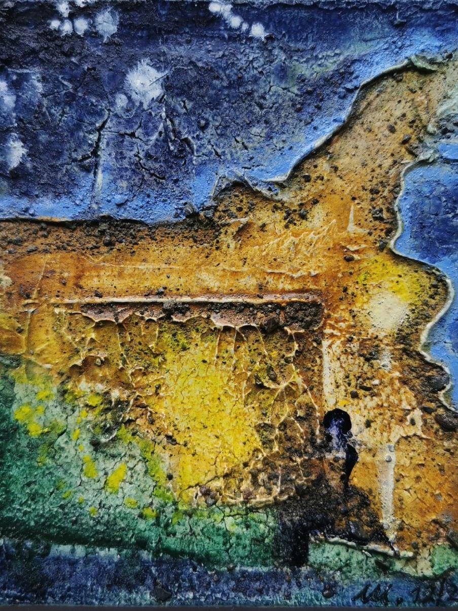 "Laterne" 12/2021, 10 x 10 cm, Marmormehl, Steine (Norwegen), Pigmente und Ölfarbe auf Malplatte